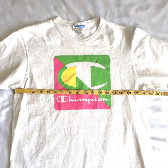 Champion Men T-Shirt Size Medium White Logo Graphic Neon Short Sleeve Cotton EUC - Picture 6 of 8